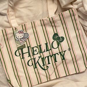 MINISO x Hello Kitty Tennis Club Pink & Green Striped Canvas Tote